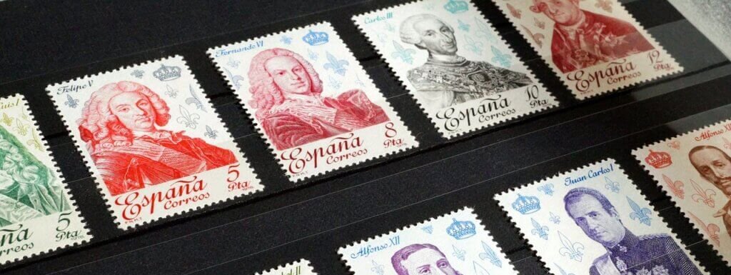 Categorized items in a stamp collection.